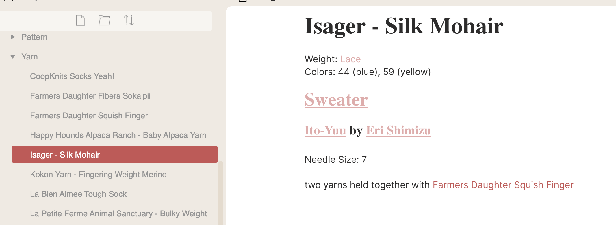 Screenshot of my Obsidian notes tracking my yarn and pattern info